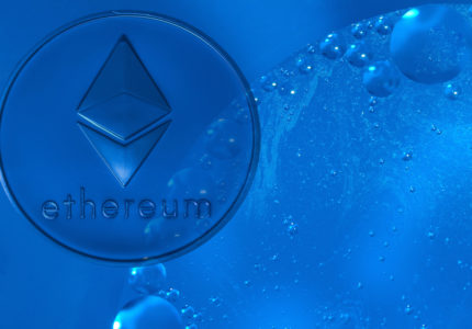 Blue,Ether,Coin,From,Ethereum,On,Oil,Drops,In,Blue