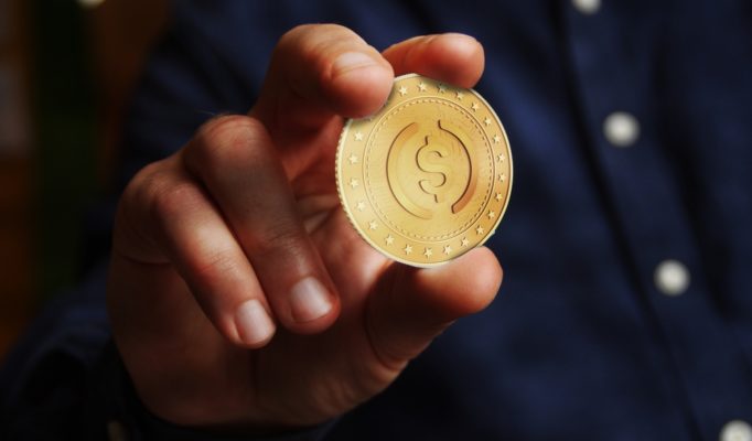Usdc,Cryptocurrency,Symbol,Golden,Usd,Coin,In,Hand,Abstract,Concept.